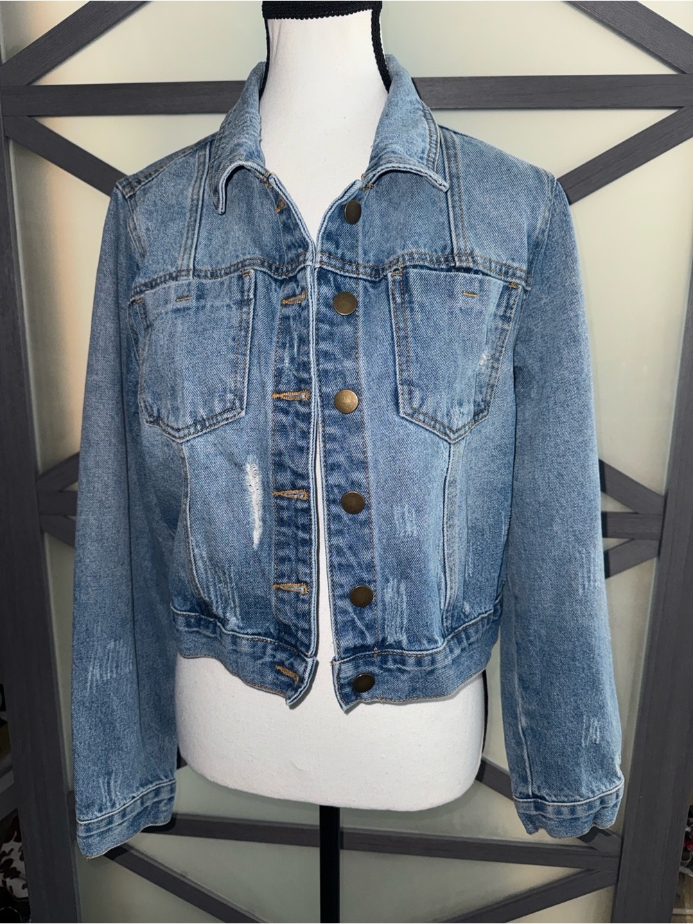 Kittenish Jessie James Decker Distressed Cropped Denim Jacket M